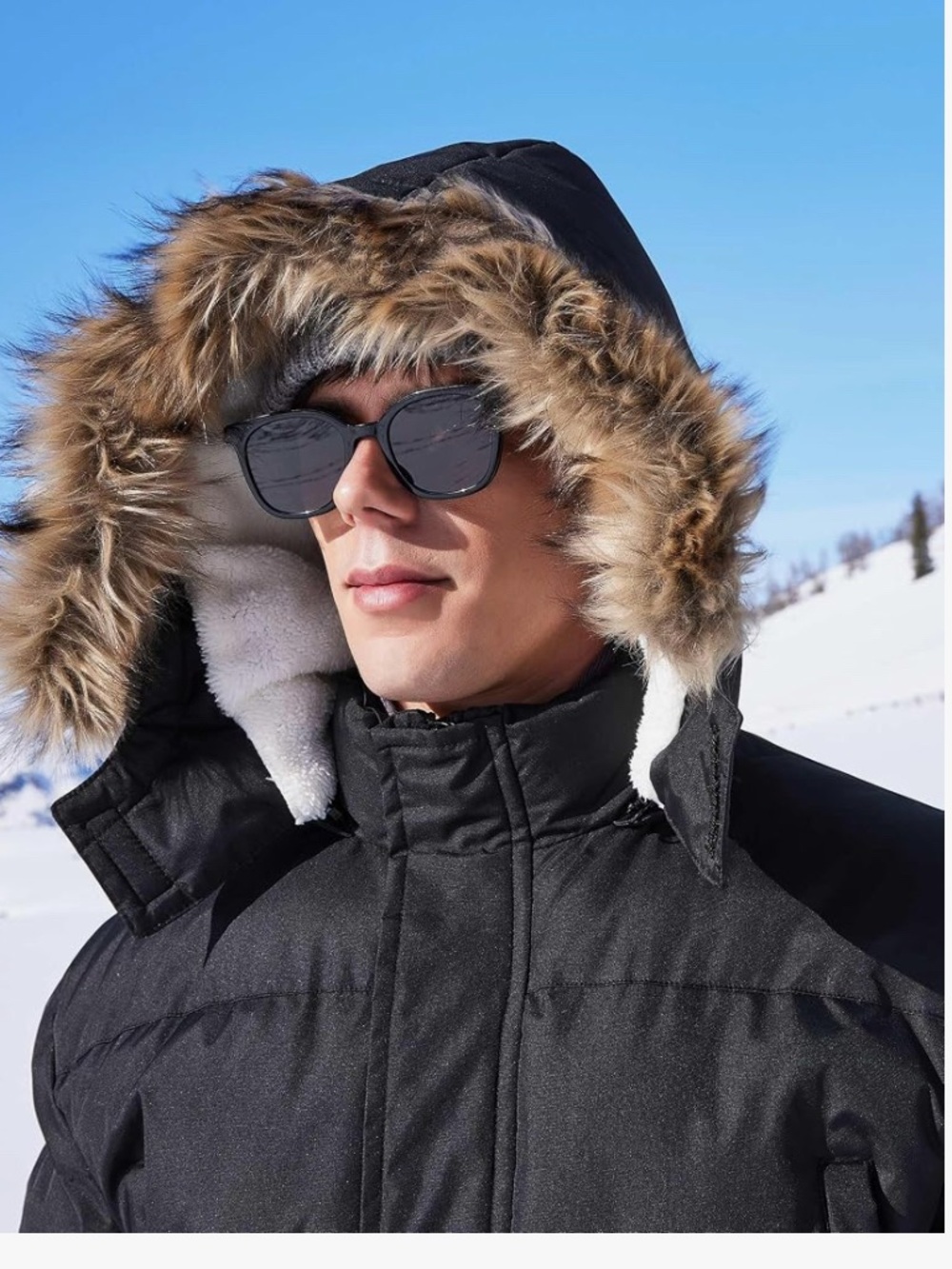 Men's Black Faux-Fur Hooded Winter Parka